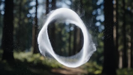 Captivating glowing ethereal ring of white light and shimmering particles hovering mysteriously in a beautiful blurred deep forest setting creating a magical