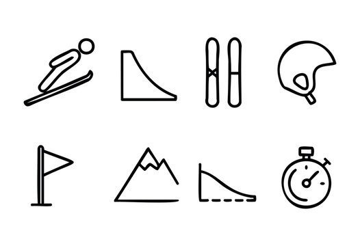 A collection of black and white line art icons depicting various elements of ski jumping and winter sports, including a ski jumper in action, a jump ramp, a pair of skis, a helmet, a flag, mountains w