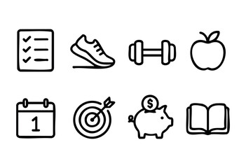 A collection of hand-drawn outline icons representing various aspects of self-improvement and goal setting, including fitness, healthy eating, education, financial planning, organization, and ambition