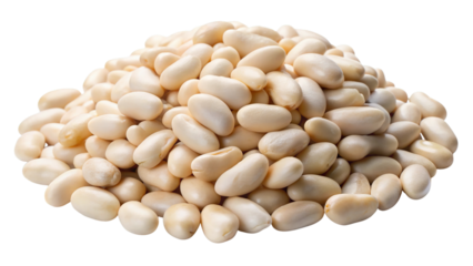A generous pile of raw white kidney beans scattered across a surface isolated on transparent background