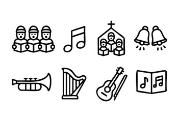 A collection of black and white line art icons representing festive music themes, including caroling choirs, a church choir, various musical instruments such as trumpet, harp, and guitar, musical note