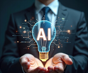 Businessman holds glowing light bulb with AI text inside. Circuitry and data streams surround glowing bulb, representing artificial intelligence and innovation.