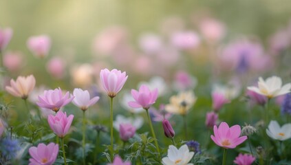 Soft pastel-colored blooms forming a serene natural setting, ideal for calming editorial backgrounds