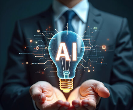 Businessman holds glowing light bulb with AI text inside. Circuitry and data streams surround glowing bulb, representing artificial intelligence and innovation.