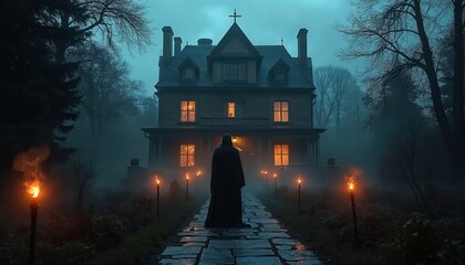 Dark Victorian mansion with glowing windows. A cloaked figure walks a stone path lined with torches. Foggy, spooky, haunted house setting at night. Mysterious and eerie.
