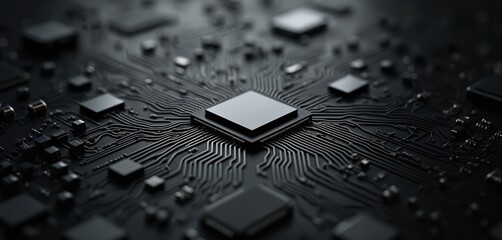 Close up photo of tech circuit board with processor. Dark lines create a complex network on a black surface. Abstract tech design showing modern computer parts.