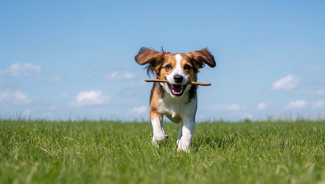 Cheerful beagle dog playing outdoors with a stick, showcasing active lifestyle