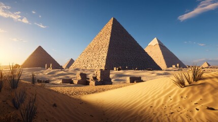 Ancient Egyptian pyramids standing tall in the desert under a blue sky, captured during a beautiful sunny day