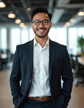 Asian businessman stands in modern office smiling confidently. Handsome man wears suit glasses. Pro male employee poses indoors. Business person looks directly at camera with positive attitude.