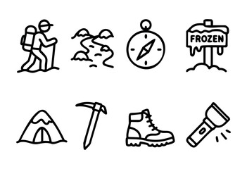 Fototapeta premium Outdoor adventure vector icons: hiker, mountain, compass, frozen sign, tent, ice axe, hiking boot, and flashlight in a hand-drawn line art style.