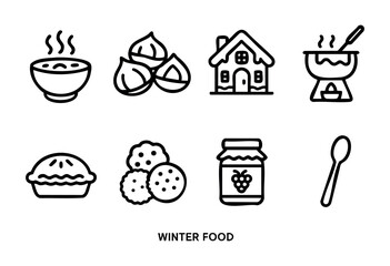 Winter food and cozy elements: a steaming bowl, hazelnuts, gingerbread house, fondue pot, pie, cookies, jam jar, and a spoon, depicted in a simple line art style.