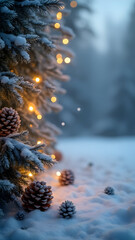 A snow-covered evergreen tree adorned with glowing festive lights and pinecones in a winter forest.