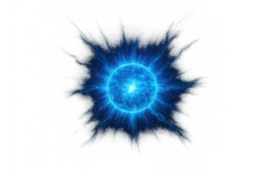 Blue energy sphere radiating electric plasma effect with power burst, glowing abstract light, and cosmic portal design