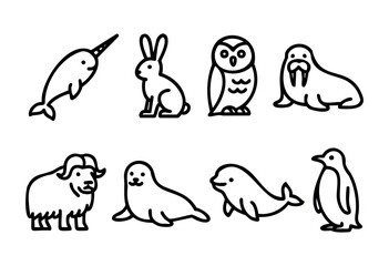 Obraz premium A collection of minimalist outline animal icons, including a narwhal, rabbit, owl, walrus, musk ox, seal, dolphin, and penguin, isolated on a white background.