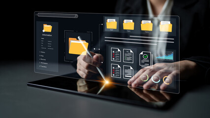 A user interface for a document management system. The dashboard provides file organization, a project workspace, and data analytics for corporate information management. Fermion