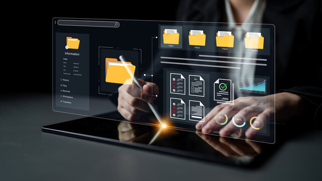 A user interface for a document management system. The dashboard provides file organization, a project workspace, and data analytics for corporate information management. Fermion