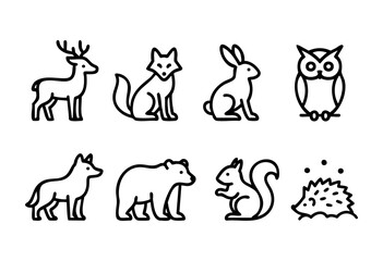 Forest animals outline icons set featuring a deer, fox, rabbit, owl, wolf, bear, squirrel, and hedgehog in a simple black line style on a clean white background.