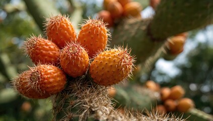 Sicilian Opuntia cactus with an upward perspective showcasing vibrant orange prickly pears, highlighting the fiber-dense choice