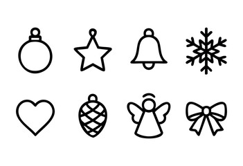 Fototapeta premium Christmas and holiday symbols: bauble, star, bell, snowflake, heart, pine cone, angel, and bow, presented as a collection of simple black outline icons in a minimalist line art style.