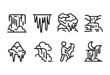 A collection of line art designs showcases waterfalls, ice formations, mountains, and a hiker exploring nature. These illustrations highlight serene and adventurous landscapes.