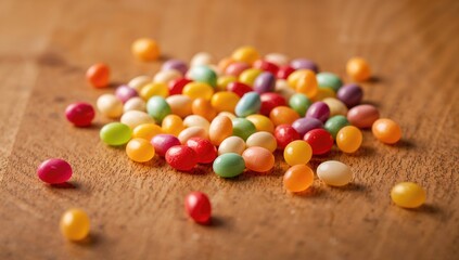 Scattered jelly beans on a wooden surface, vibrant candy arrangement, suitable for editorial backdrop