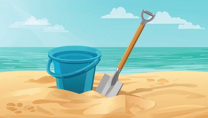 Realistic vector illustration of a child's bucket and spade designed for playing in sand, ideal for summer activities