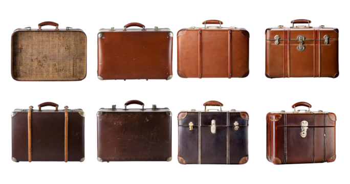 Vintage Leather Suitcases Collection for Travel and Storage Use, PNG bundle collection, Isolated on Transparent Background
