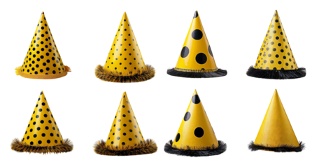 Colorful Yellow Party Hats for Festive Celebrations and Events, Bundle Set Collection, Isolated on Transparent Background
