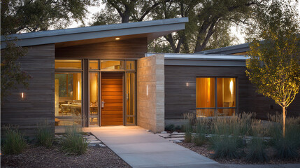 roof. A contemporary house at dusk, glowing with warm lights for a tranquil evening ambiance. real-estate listings.

