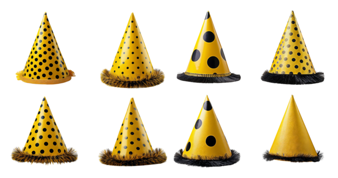 Colorful Yellow Party Hats for Festive Celebrations and Events, Bundle Set Collection, Isolated on Transparent Background - Powered by Adobe