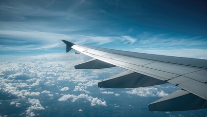 Obraz premium Aeroplane wings soaring through the sky, symbolizing freedom and travel