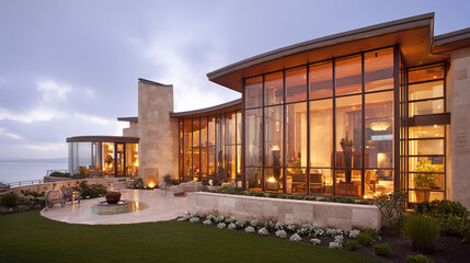 Fototapeta premium roof. A contemporary house at dusk, glowing with warm lights for a tranquil evening ambiance. real-estate listings. 