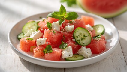 Summer watermelon salad featuring Feta cheese, cucumber, and mint leaves, fiber-dense choice
