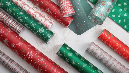 Fototapeta premium Festive wrapping paper rolls arranged from above, ideal backdrop for holiday design and layout