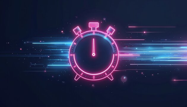 Neon stopwatch icon moves fast through digital lines and particles. Time race concept for delivery speed or urgent services. Represents deadlines and quick completion.