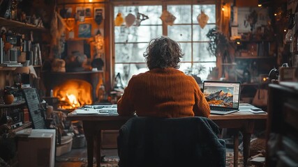 Cozy workspace with a person editing photos by fire - Powered by Adobe