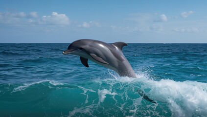 Dolphins leaping above the surface of the ocean, showcasing teamwork in a vibrant marine environment