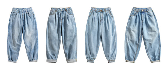 Diverse loose fit denim jeans with cuffed hem and elastic ankle detail, offering comfort and style for casual wear, presented as a PNG set with transparent background