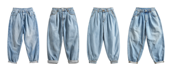 Diverse loose fit denim jeans with cuffed hem and elastic ankle detail, offering comfort and style for casual wear, presented as a PNG set with transparent background