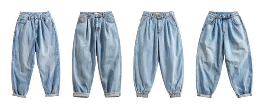 Diverse loose fit denim jeans with cuffed hem and elastic ankle detail, offering comfort and style for casual wear, presented as a PNG set with transparent background
