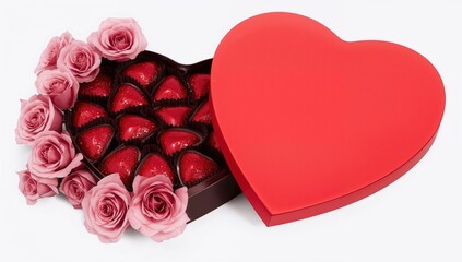 Chocolate heart-shaped box with glossy hearts and pink roses, ideal for romantic gestures