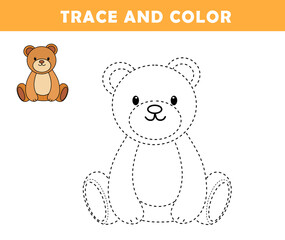 Trace and color for children. Handwriting practice. Coloring page for kids. Preschool worksheet with cute bear illustration.