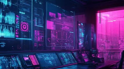 Cyberpunk data center control room displaying digital information - Powered by Adobe