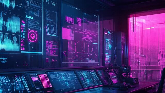 Cyberpunk data center control room displaying digital information - Powered by Adobe