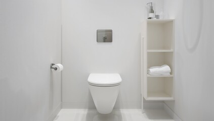 Interior view of a well-lit restroom featuring a toilet, paper dispenser, and storage shelves, focusing on cleanliness and organization