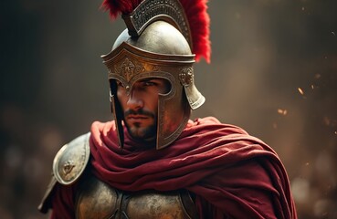 Roman soldier in full armor, wearing helmet and red cape. Man stands ready for battle, strong and determined. Fierce warrior in ancient war costume.