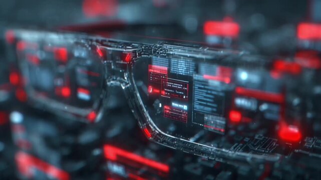 Close-up of smart glasses reflecting computer code and digital data for advanced technology and software development concept