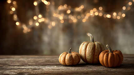 Miniature gourds on rustic wood with bokeh lights autumn pumpkins