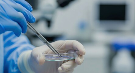 Gloved hands using tweezers to manipulate samples in a petri dish in a research lab.