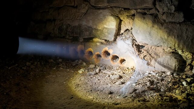 Flashlight beam illuminating a wall with boreholes for termite detection and pest control inspection in a dark space.